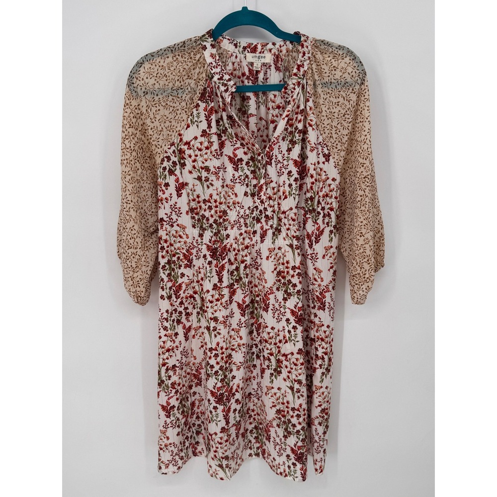 Umgee Tunic Top Womens Small White EUC Floral Mesh Sleeve Metallic A6771